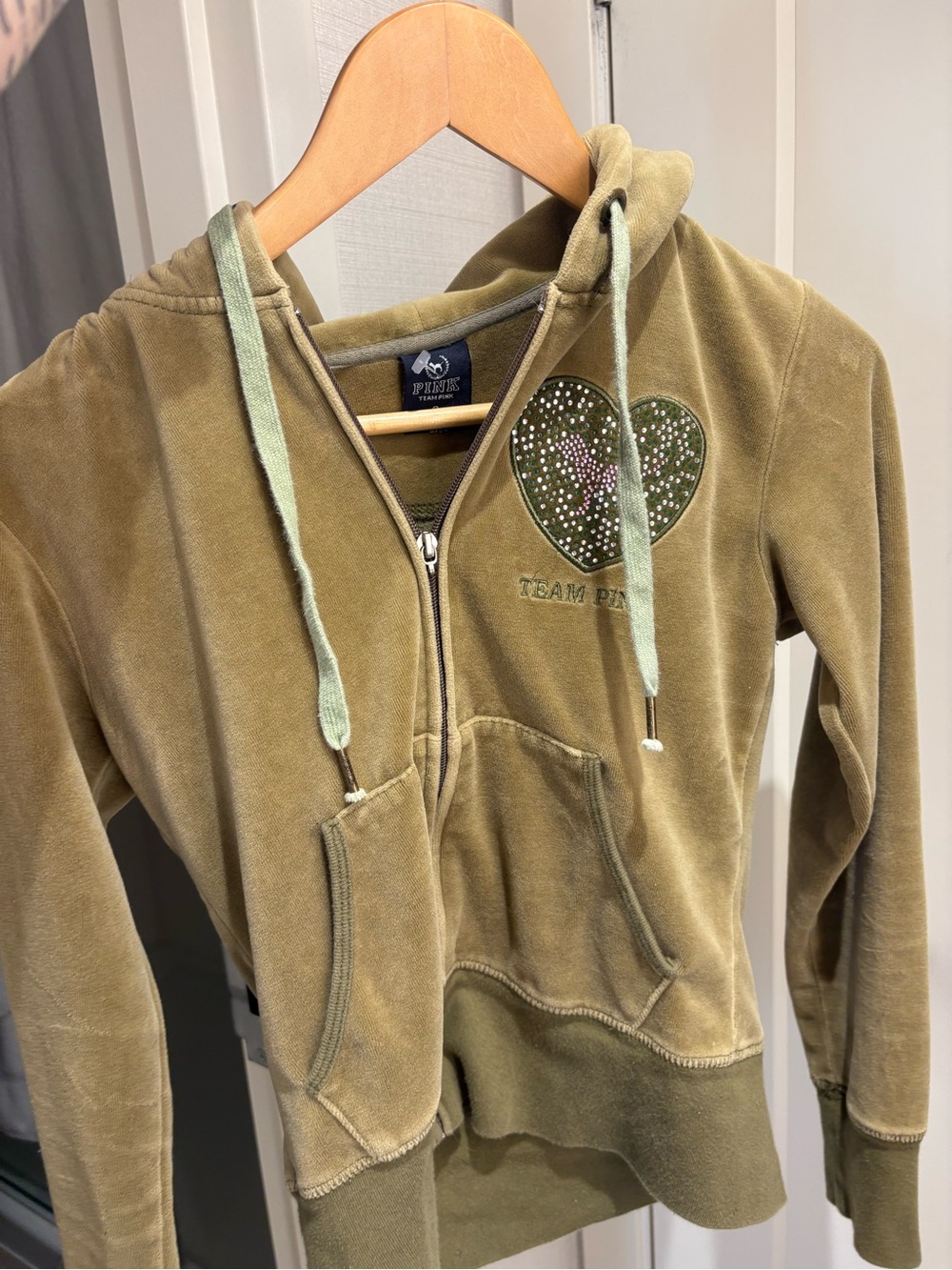 PINK Victoria's Secret Olive Green Velour Zip Hoodie with Rhinestone Heart
